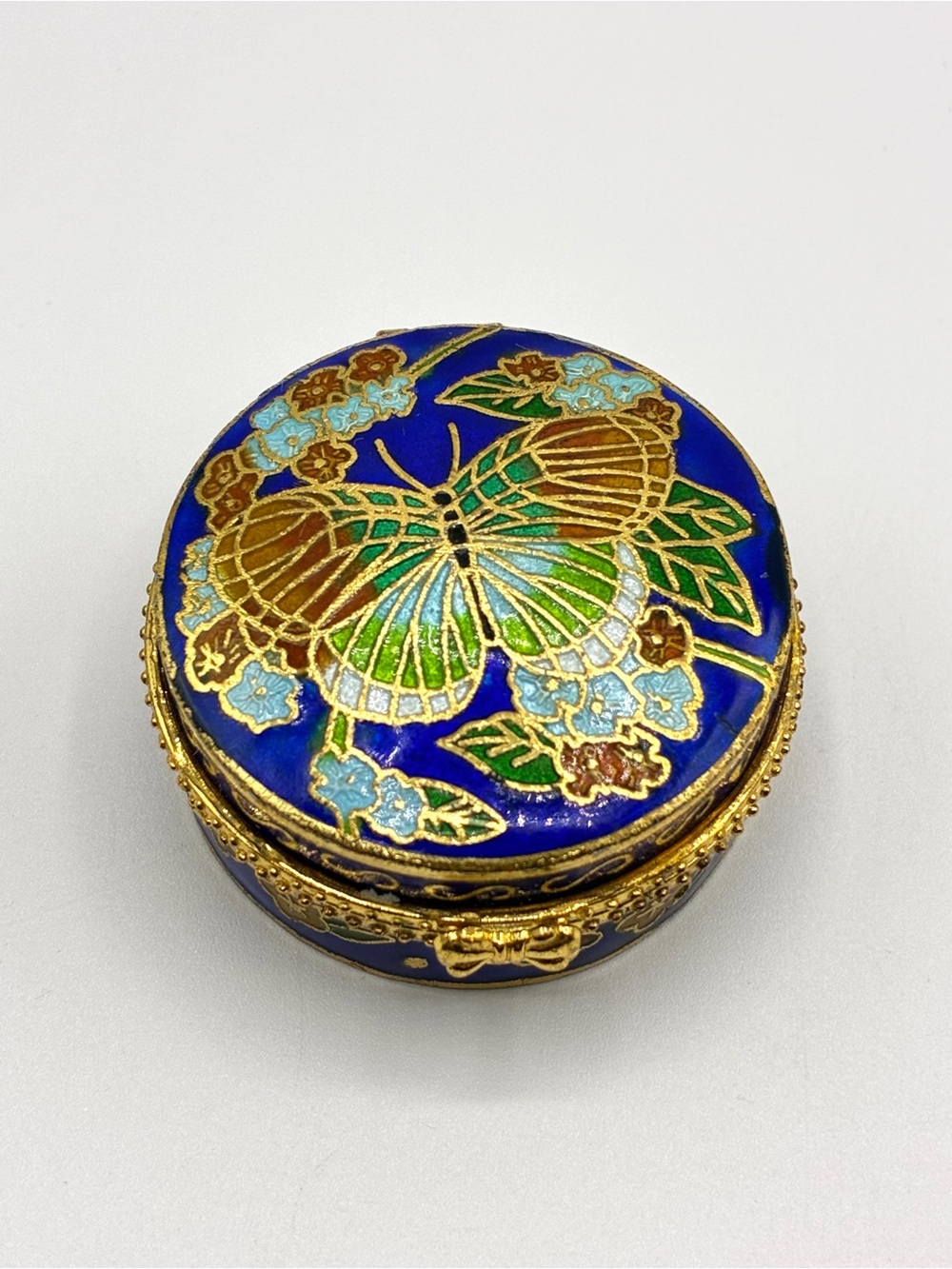 Vintage Cloisonné Butterfly Trinket Box Blue Enamel Floral Round Pill Box